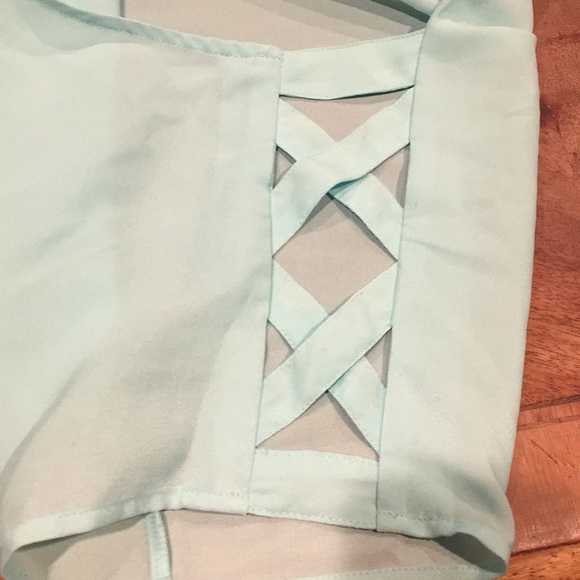 NWOT EXPRESS Light Teal Open Cross Shoulder Blouse - Picture 3 of 5